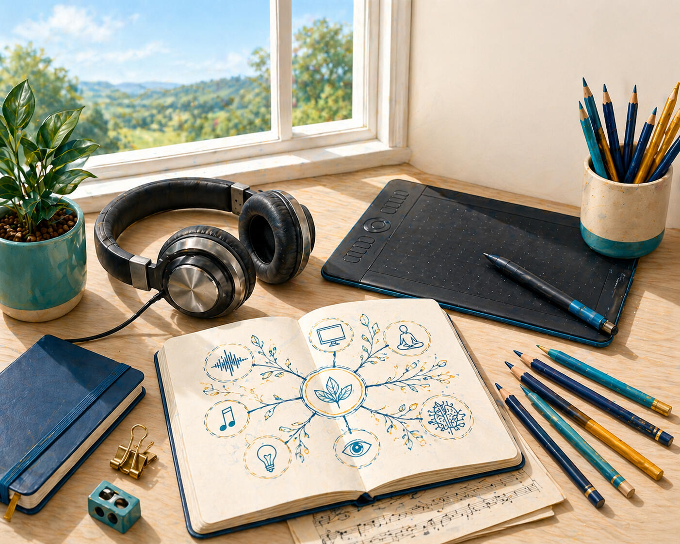 Calmtree Studios Logo meditating figure with tree and headphones logo